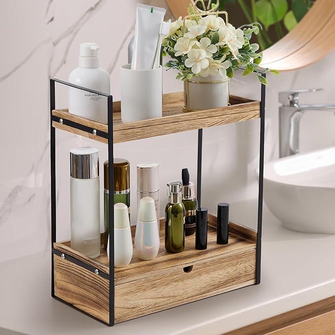 2-Tier Bathroom Organizer Countertop with Drawer, Wood Counter Shelf for Storage, Cosmetic Storage Vanity Tray for Bathroom Organization for Kitchen, Office