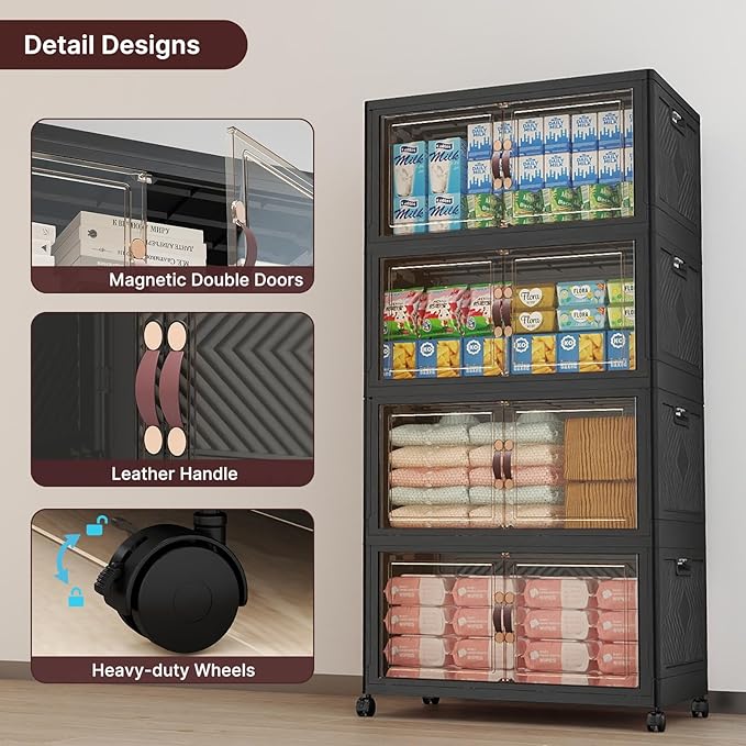 UAMFURI Stackable Storage Bins with Lids, 960QT Closet Organizers, Lockable Storage Cabinet，Foldable Storage Box with Doors and Wheels, Plastic Drawers for Home, Garage, Office (8, Black, Large)