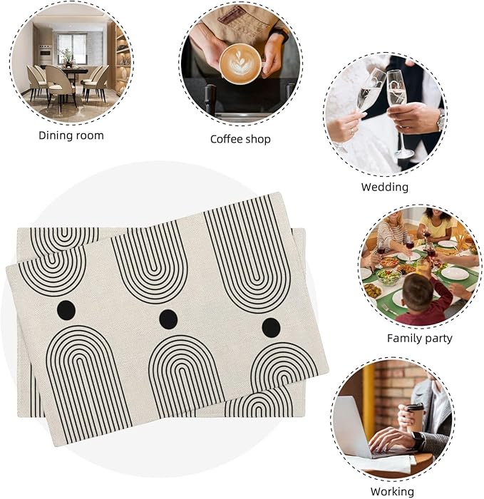 Boho Mid Century Placemats 12x18 Inch Set of 4, Abstract Simple Sun Arch Pattern Table Place Mat Boho Modern Black Spot Washable Table Mats Decorative Linen Fabric Table Mat for Dining Table
