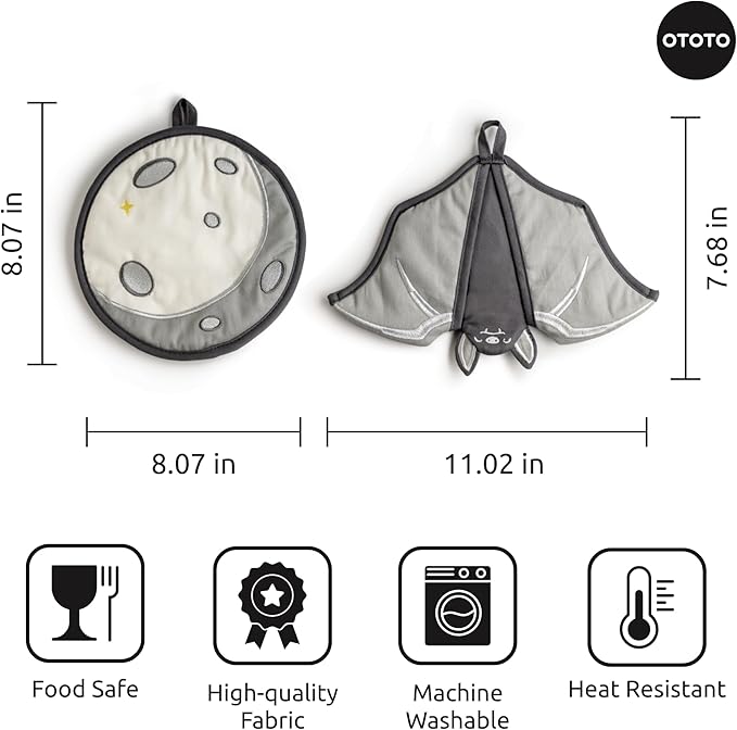 New - OTOTO Batlicious Oven Mitts and Pot Holders Sets - Heat Resistant Trivets for Hot Dishes, Cooking Goth Kitchen Decor, Cute Accessories, Pot Holders, Spooky Halloween Bat Moon Witchy Gifts