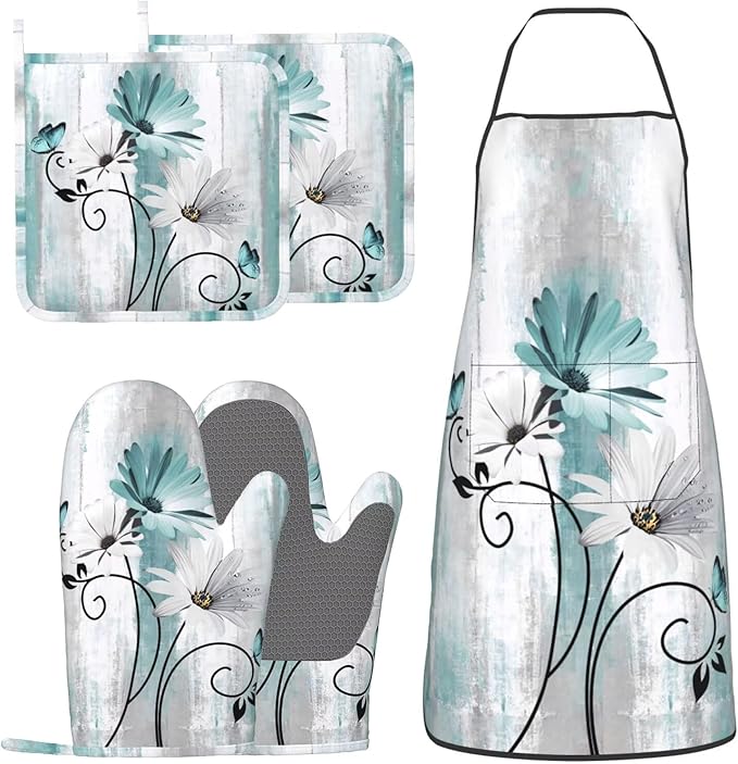 Teal Daisy Oven Mitts Pot Holders Cooking Apron Set of 5 Silicone Farm Teal Daisy Floral Flowers and Butterfly Kitchen Glove Apron Non-Slip Heat Resistant for Chef Baking Cooking Grilling