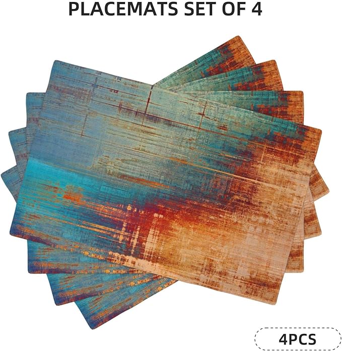 Blue and Orange Vintage Abstract Placemats Set of 4 Messy Rust Painting Linen Washable Placemat Modern Grunge Art Kitchen Dining Heat-Resistant Place Mats Desktop Decor Table Mats 12x18 Inch