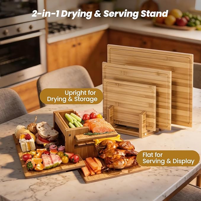 Bamboo Cutting Board Set of 3, Durable Wooden Chopping Boards with Distinctive Stand & Juice Grooves, Ideal for Meat, Vegetables, Fruit, Charcuterie Prep & Serving, Kitchen Gifts for Mom, Natural