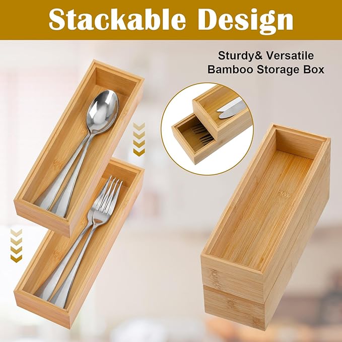 6 Pieces Bamboo Drawer Organizer, Stackable Wooden Storage Boxes for Kitchen Utensils, Silverware Tray, Junk Drawer, Dresser, Bathroom, 9 x 3 x 2 Inch