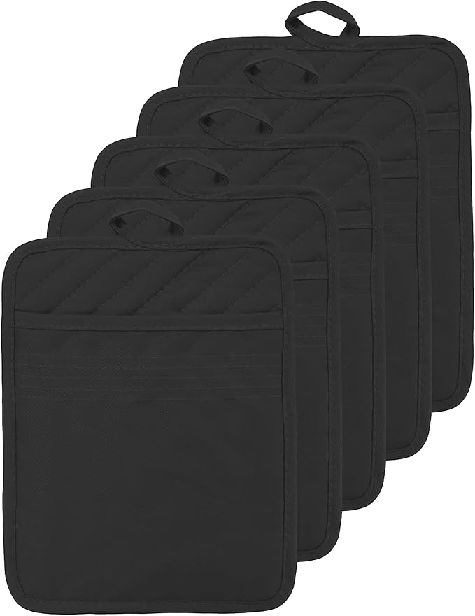 Oven Pot Holder with Pocket Cotton Heat Resistant Coaster Potholder Kitchen Hot Pad Oven Mitts for Cooking Square 7"x9"Set of 5 (Black)