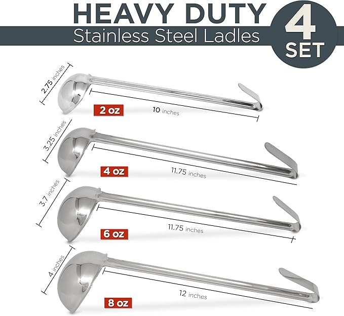 Fit Meal Prep Stainless Steel Soup Ladle One-Piece Sauce Spatula with Hook Handles, Commercial Grade Serving Spoon, Kitchen Tool for Restaurant or Home Cooking [Pack of 4] - 2oz, 4oz, 6oz, 8oz