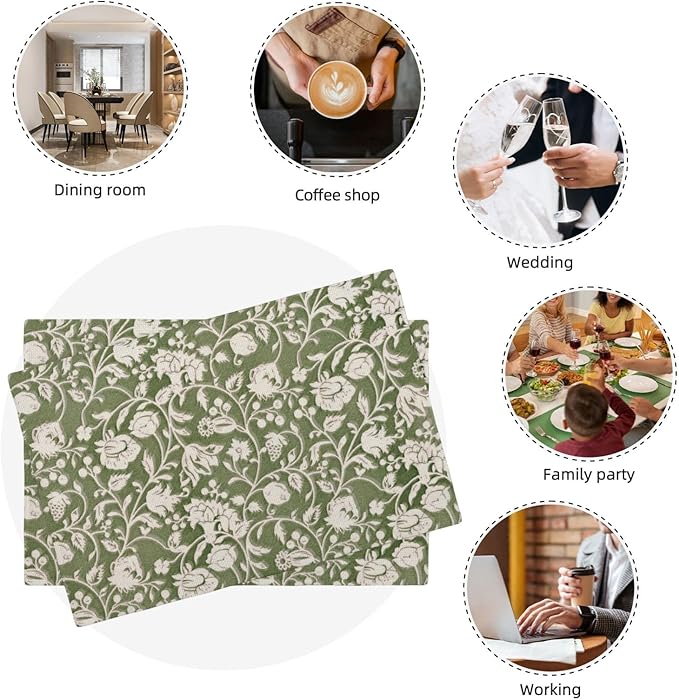 Floral Placemats 12x18 Inch Set of 4, Flower Print Linen Table Place Mat Neutral Vintage Decoration Washable Table Mats Sage Green Floral Decorative Linen Fabric Table Mat for Dining Table