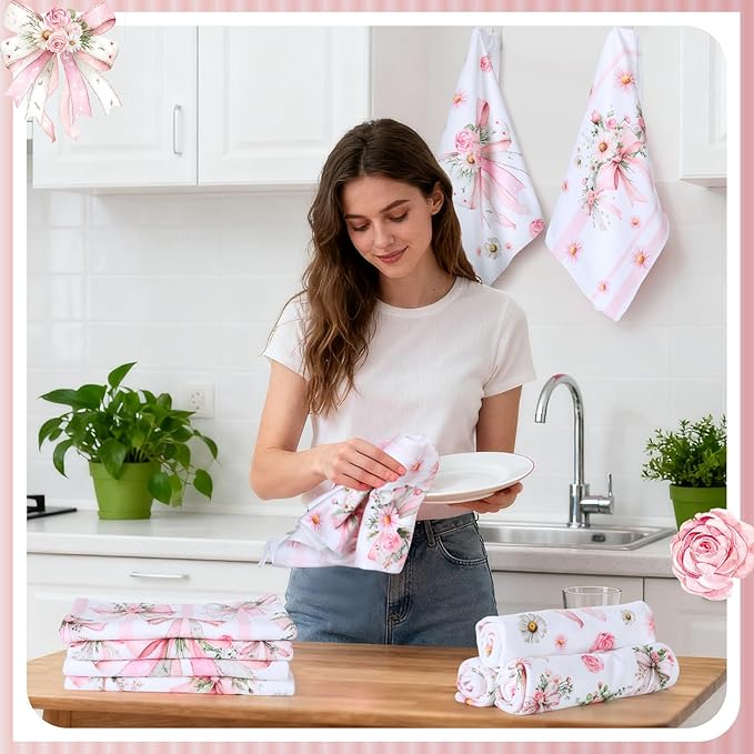 Breling Set of 6 Pink Bow Kitchen Towels Coquette Floral Dish Towel Bathroom Decorative Pink Cute Bowknot Hand Cloths for Kitchen Bathroom Home Cooking Housewarming Gifts, 14 x 21 Inch