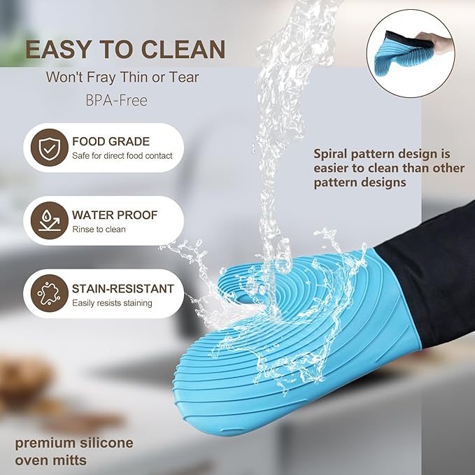 Silicone Oven Mitts-13.6 in Extended Oven Mitts Heat Resistant 500F, Oven Gloves with Soft Liner Good Grippy BPA-Free Easy to Clean Flexible-Oven Mits Set for Cooking Baking Grilling BBQ