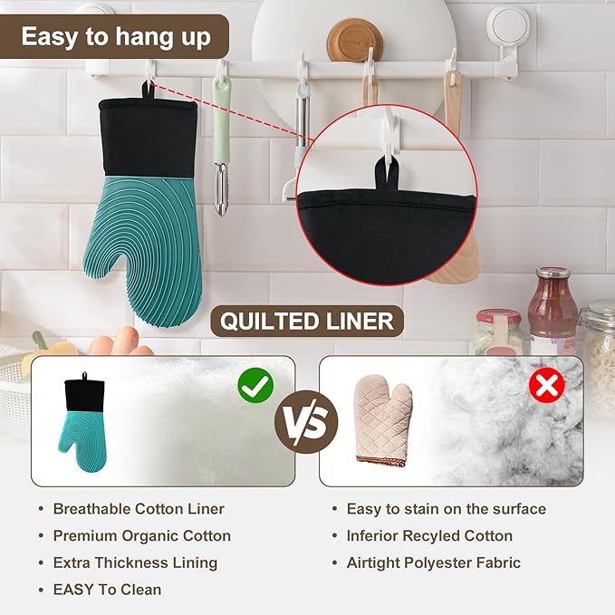 Silicone Oven Mitts-13.6 in Extended Oven Mitts Heat Resistant 500F, Oven Gloves with Soft Liner Good Grippy BPA-Free Easy to Clean Flexible-Oven Mits Set for Cooking Baking Grilling BBQ