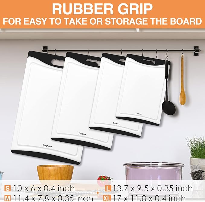 Empune Extra Large Cutting Boards, Plastic Cutting Boards for Kitchen (Set of 4) Cutting Board Set Dishwasher Safe Chopping Board with Juice Grooves Easy-Grip Handles, Black
