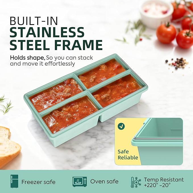 Silicone Freezer Trays with Lids - 1 cup soup freezer container large ice cube molds - with Reinforced Steel Ring Top, Silicone Freezer Containers, Freeze and Store Soups, Sauces, Leftovers-2 Packs