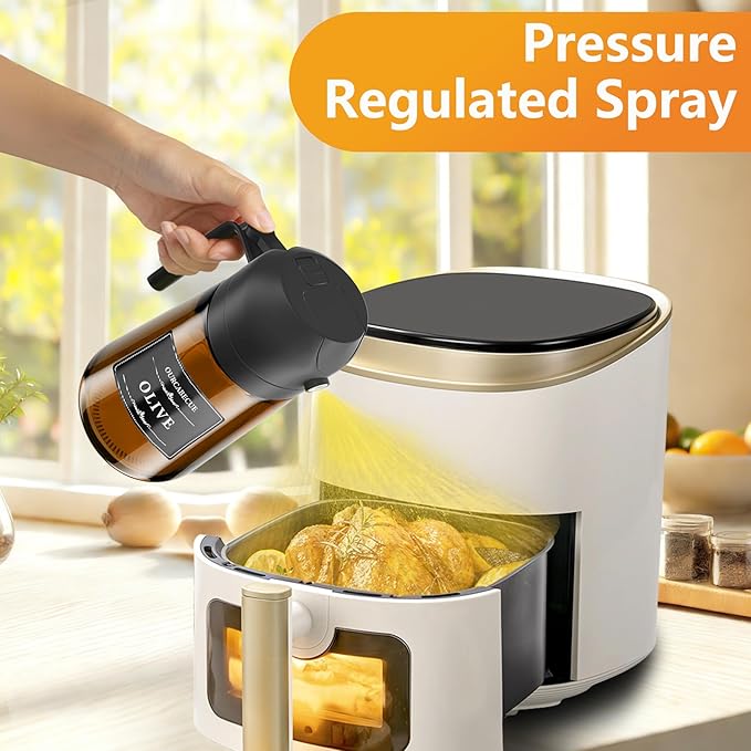 OURCABECUE 2 in 1 Olive Oil Sprayer for Cooking, 16oz/470ml Glass Olive Oil Dispenser Bottle for Kitchen, Light-Blocking Dark Brown Oil Mister with 8 Oil Stickers (Black+Green2PC)