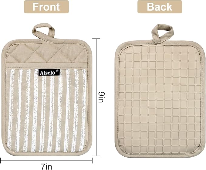Alselo Silicone Pot Holders Set of 3 Heat Resistant & Non Slip Potholders, Professional Oven Hot Pads with Pockets Mitts for Kitchen Cooking Baking Barbecue (Khaki, 3)