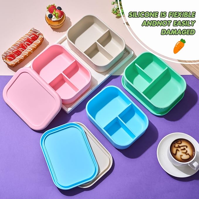 Layhit 4 Pcs Silicone Bento Box for Adults, 27 oz Bento Lunch Container Reusable 3 Compartment Lunchable Food Container for Women Men, Leak Proof Microwave Dishwasher Freezer Safe (Mint Colors)