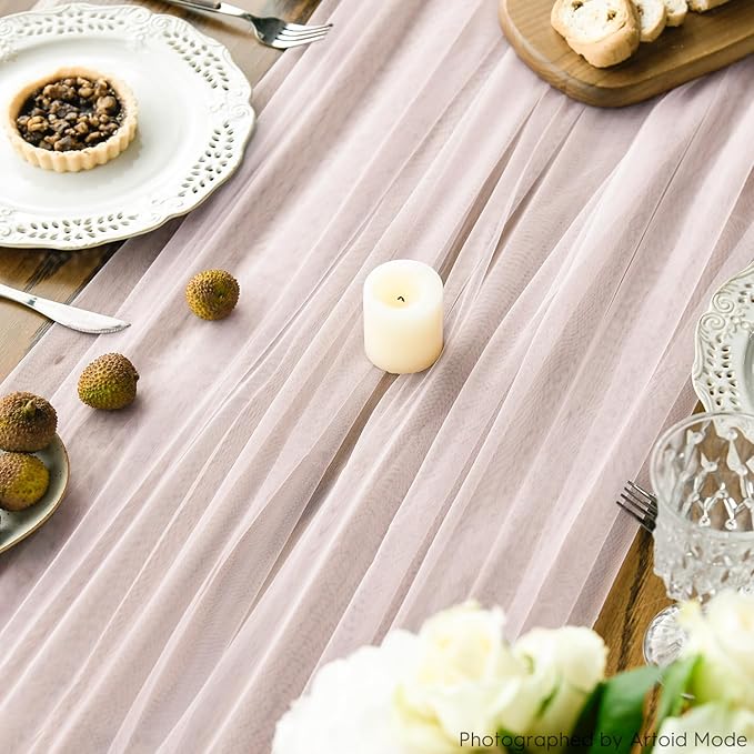 Artoid Mode 6PCS Blushing Pink Gauze Table Runner 120 Inch 10FT, Seasonal Sheer Kitchen Dining Holiday Wedding Birthday Baby Shower Table Decor for Home Party