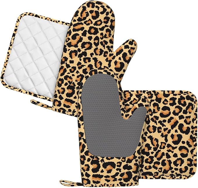 Brown Leopard Print Animal Skin Oven Mitts and Pot Holders 4 pcs Set Silicone Cheetah Print Kitchen Oven Mitt Gloves Pot Holders Non-Slip Heat Resistant Cooking Mitts Set for Kitchen Baking