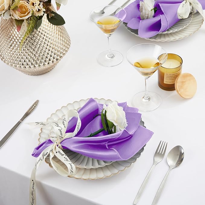 KKJIAF Lavender Silky Satin Napkins (12 Pack, 17x17 Inches),Washable Polyester Square Table Napkins for Wedding Dinner Party Decoration