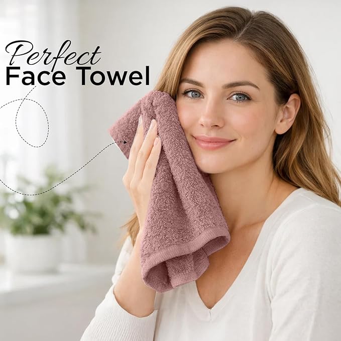 DAN RIVER 12-Pack Premium 100% Cotton Dusty Rose Face Towels for Bathroom - Reusable Face Wash Cloths for Showering 12x12 Inches - 550 GSM Super Soft & Absorbent Luxury WashCloths for Body, Spa & Gym