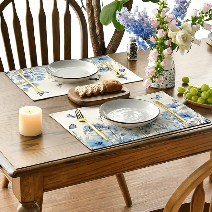 Artoid Mode Hydrangea Wildflowers Spring Placemats Set of 4, 12x18 Inch Seasonal Summer Holiday Table Mats for Party Kitchen Dining Decoration