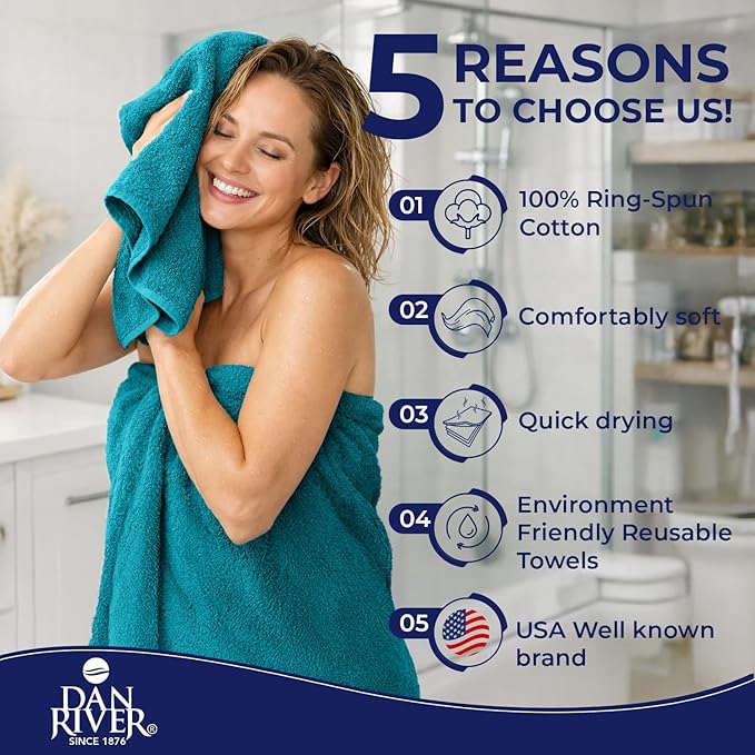 DAN RIVER 8 PC Luxury Bath Towels for Bathroom, 2 Bath, 2 Hand, and 4 Wash Cloths, 600 GSM 100% Ring Spun Cotton Towel Set, Highly Absorbent, Gym, Hotel, and Spa, Teal