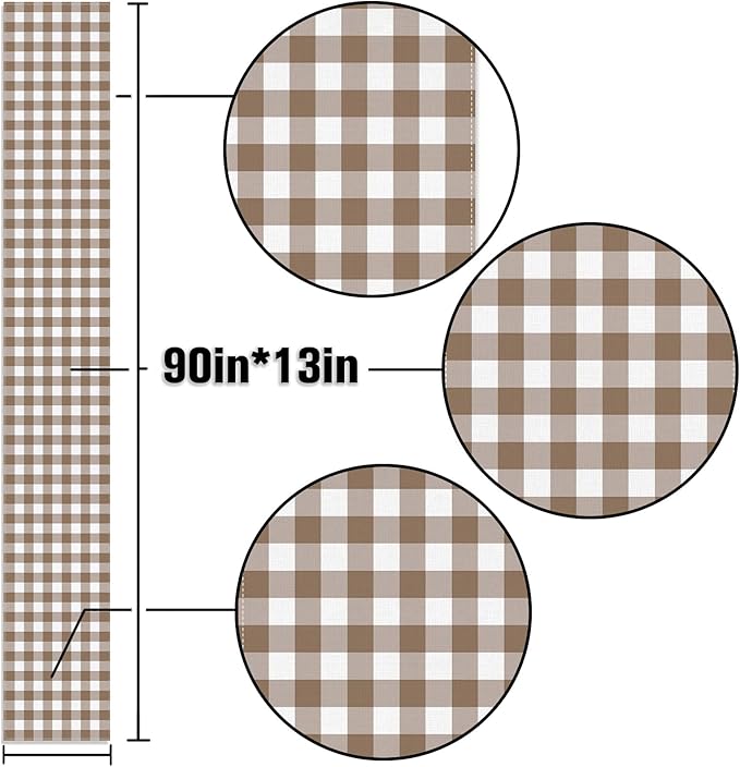 Khaki Gingham Table Runner Light Brown and White Checkered Birthday Wedding Baby Shower Party Decoration BBQ Picnic Home Kitchen Table Decor (Khaki, 13" x 90")