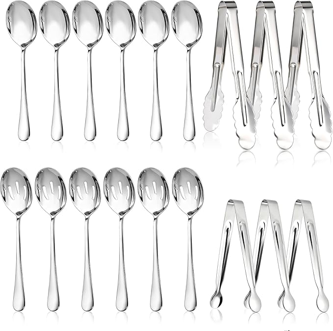 Mwellewm 18Pcs Serving Utensils, Serving Spoons for Buffet, Serving Tongs for Food, Large Slotted Spoons, Stainless Steel Banquet Cutlery Set for Parties Weeding Birthday Entertaining Catering(Silver)