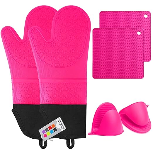 Silicone Oven Mitts and Pot Holders Set, MTZRFLL Extra Long Heat Resistant Oven Gloves with Hot Pads and Mini Oven Mittens for Grilling, Kitchen Cooking Baking, Quilted Lining, Pack of 6 (Rose)