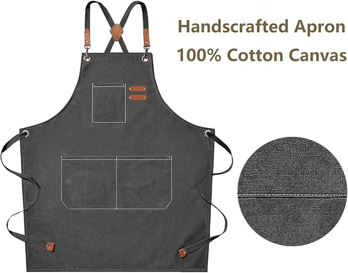 AFUN Chef Aprons for Men Women with Oversized Pockets, 16-Ounce Cotton Canvas Cross Back Heavy Duty Work Apron (Grey)