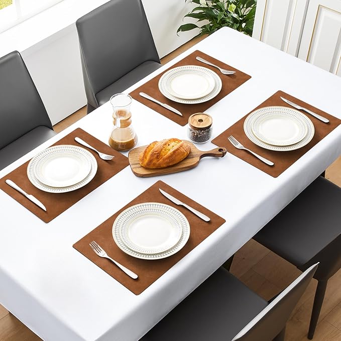 MOSAYT Vinyl Placemats Set of 6-12 X 17 Inch - Faux Leather 100% Waterproof Oil-Proof Wipeable PU Place Mats, Heat Resistant Reversible Table Mats for Kitchen, Dining, Outdoor (Reddish Brown)