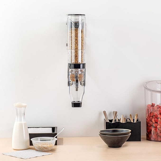 Restaurantware Cereal Dispenser 2 gal Plastic Wall-Mounted Gravity Bin Candy Dispenser Self-Serve Black Dry Food with Wall Mount Brackets for Breakfast Buffet or Hotel Use
