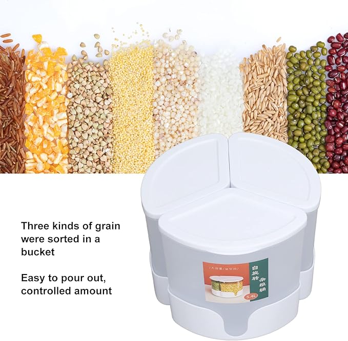 Grain Dispenser,360° Rotating Grain Storage Food Dispenser,3 Compartment Sealed Dry Food Container for Kitchen Counter Storage Organization