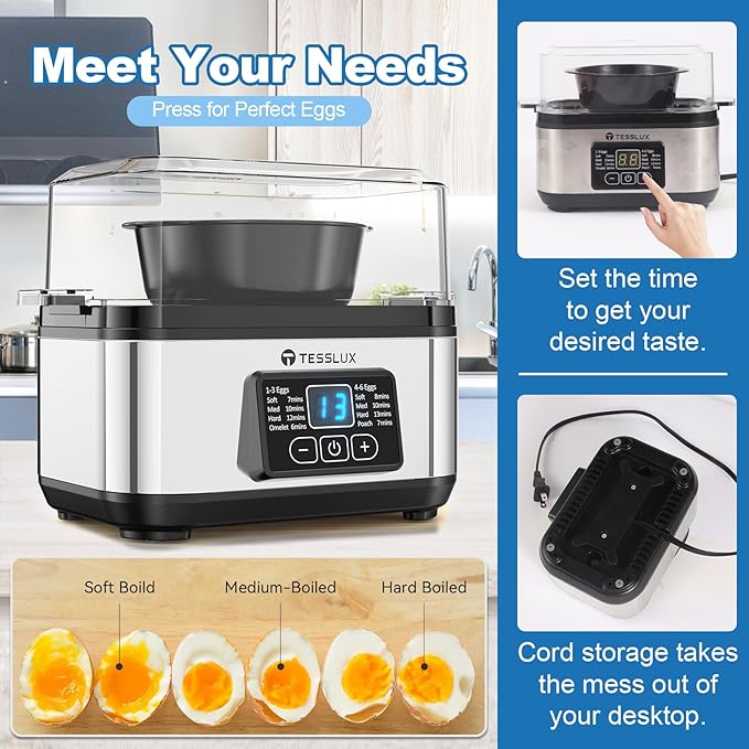 Tesslux Electric Rapid Egg Cooker, 6 Egg Capacity for Hard Boiled Eggs, Poached Eggs, Scrambled Eggs, or Omelets Maker with Auto Shut Off (Sliver)