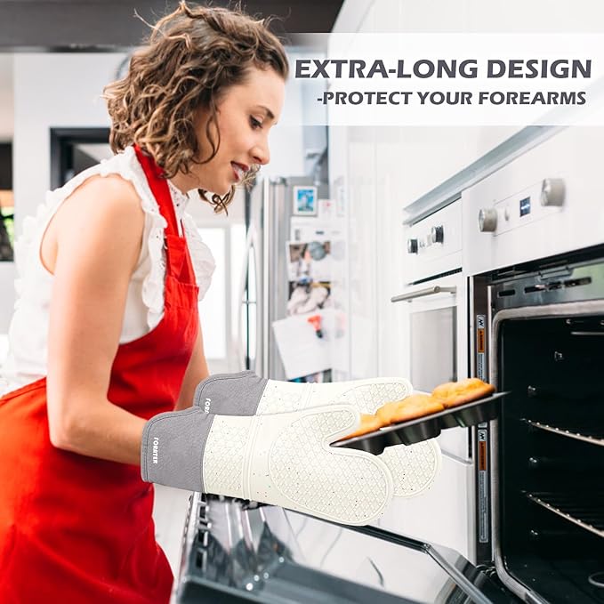 Extra Long Silicone Oven Mitts - Heat Resistant up to 500°F, 15'' Waterproof and Non-Slip Oven Gloves with Soft Quilted Liner - Perfect for BBQ, Cooking, Baking, and Grilling - 1 Pair, Light Grey