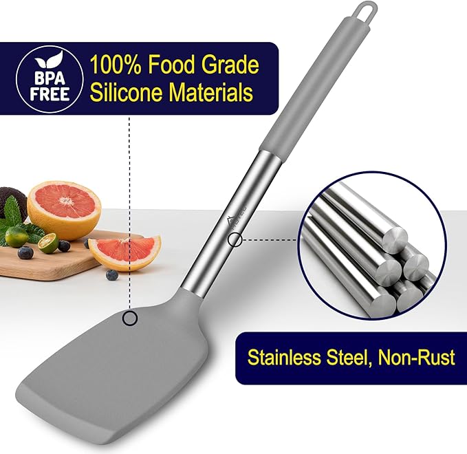 HOTEC Silicone Spatula Set of 2 Heat-Resistant 600°F & BPA-Free Kitchen SaptulaTurner with Stainless Steel Handles, Slotted & Solid Spatulas for Nonstick Cookware, 13.7 Inch, Grey