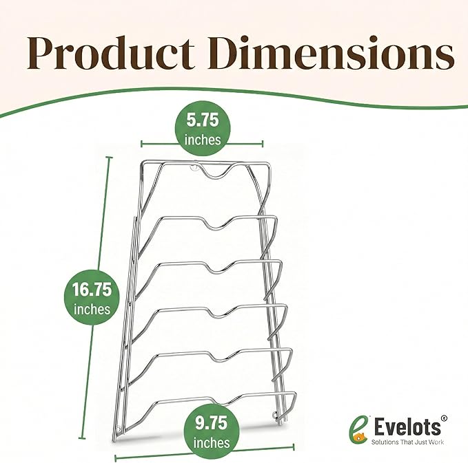 Evelots 6-Tier Pot Lid Organizer for Cabinet Door or Pantry Wall - Pots and Pans Lid Holder Rack - Glass or Metal Pan Covers Cabinet Organizer Kitchen Storage - Chrome Finished