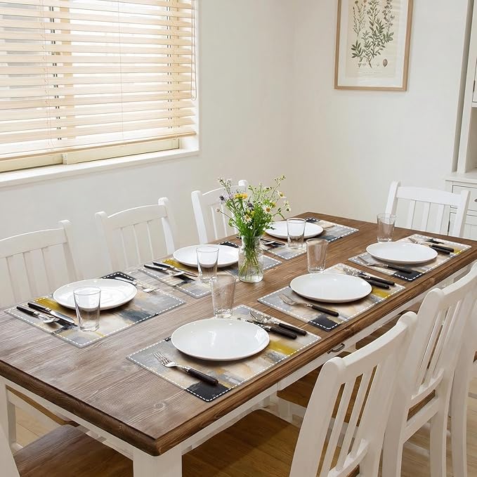 Emvency Farmhouse Placemats Set of 6, Modern Neutral Mustard Minimalist 12x18 Inch Linen Rectangular Place Abstract Beige Table Mats for Indoors & Outdoor Home Party Kitchen Dining Decoration
