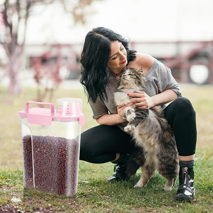 LEAWALK 5-7Lbs Dog Cat Food Storage Container with Upgraded Large Nozzle BPA-free, 4 Snap Seals Plastic Pet Food Storage Containers with Handles (Light Pink, 5L-2pack)