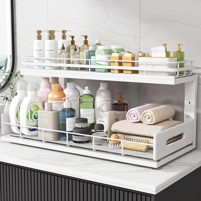 Under Sink Organizer Upgrade To Professional Rails,2-Tier Dual Pull Out Cabinet Storage,Height Adjustable Slide Out Drawers For Bathroom Kitchen,2 Pack-21"Dx12.8"-16.9"H,White