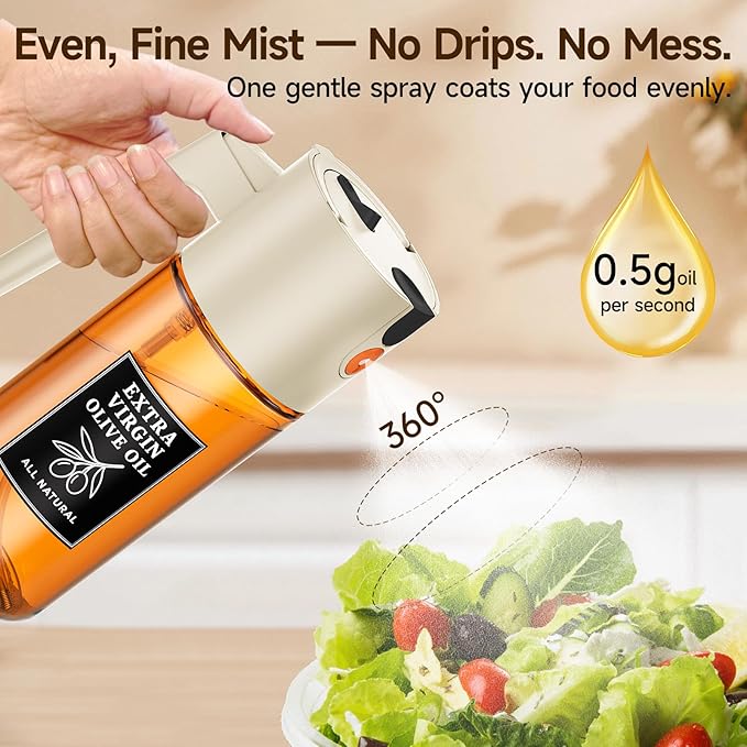 Olive Oil Spray Bottle 16oz/500ml, 2 in 1 Spray and Pour Oil Dispenser, Glass Oil Sprayer for Cooking, Clear Glass Olive Oil Sprayer for Baking Kitchen Use Home Cooking Tool（Beige）