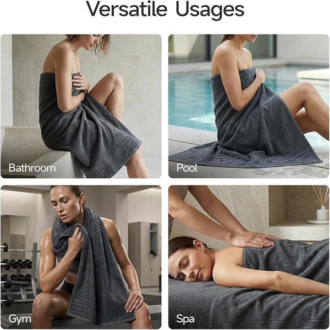 REDKISS 2 Pack 100% Cotton Thick Extra Large Bath Towels 35 X 70 Inches, Quick Dry, Ultra Soft & Highly Absorbent Gray Bathroom Towel Sets for Bathroom, Gym, Spa, Pool & Hotel
