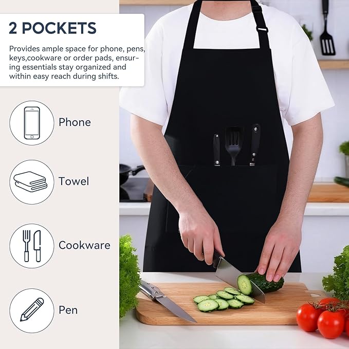 Kitchen Apron, Chef Aprons for Men Women with 5 Pockets Pen Holder, Adjustable Bib BBQ Work Apron for Cooking Baking