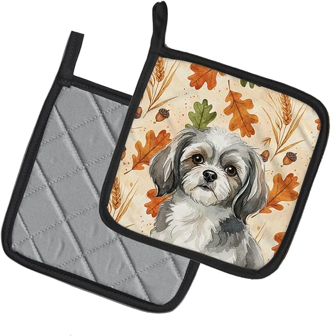 Caroline's Treasures Grey and White Tibetan Spaniel Heirloom Fall Pair of Pot Holders Pair 7.5x7.5 Quilted Insulated Hot Pads Decorative Kitchen Gift Made in USA