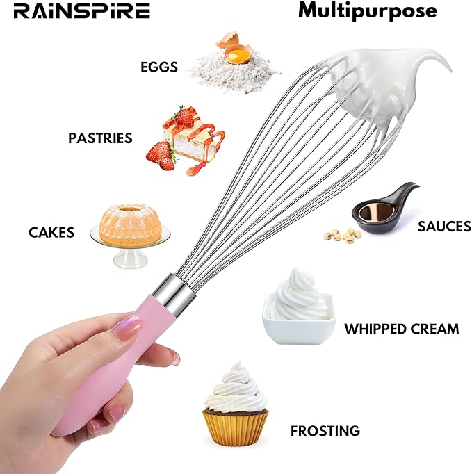 Rainspire 12-Inch Wire Whisk Stainless Steel, Balloon Whisks for Cooking, Wisk Wisking Tool With Soft Silicone Handle, Thick Durable Whisker for Blending, Beating, Whisking, Stirring, Pink