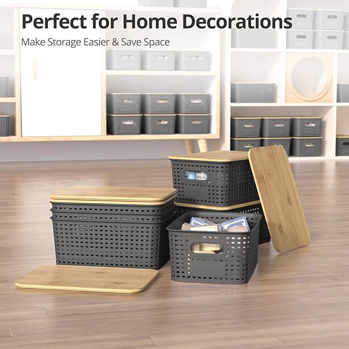 Plastic Storage Baskets with Bamboo Lids, Stackable Small Box Bins for Organizing and Containers for Shelves Drawers Desktop Closet Pantry Classroom Office Home, 6 Pack 10.2x7.2x4.1 Inch, Gray