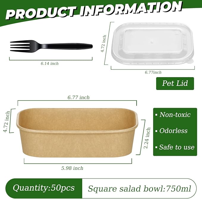 DI QIU REN 50-Pack 25oz Paper Bowls, Disposable Food Containers with Lids and Forks, Cardboard Meal Prep Containers for Diet Salad, Pasta (kraft Paper Rectangular, 25oz 50 Count)