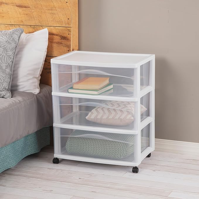 Sterilite Wide 3 Drawer Storage Cart, Plastic Organizer with Wheels, White - Multipurpose Bin for Clothes, Accessories, or Home Accessories