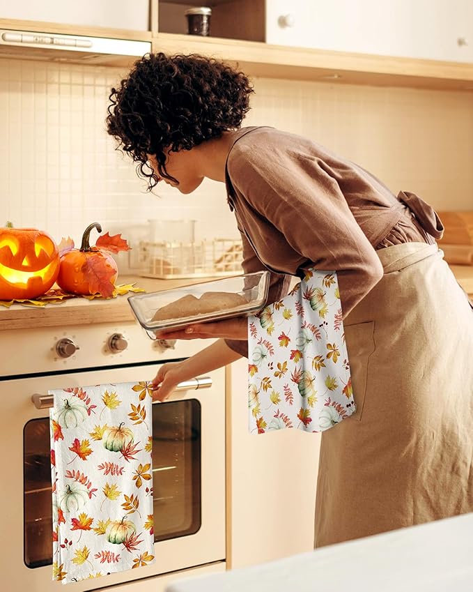 Miss Adola Flour Sack Kitchen Towels Set of 2-18x26 Inch Dish Towels with Hanging Loop Autumn Fall Absorbent Reusable Cotton Cloths for Cleaning Cute Design Home Decor Housewarming, Pumpkin Leaf