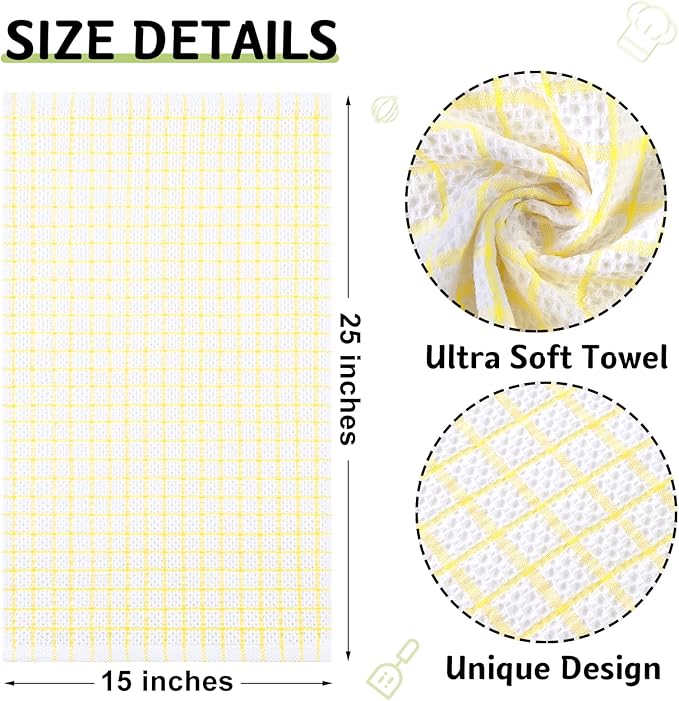 Homaxy 100% Cotton Kitchen Towels 6 Pack-15 X 25 Inches, Check Design Waffle Weave Hand Tea Towels, Super Soft and Absorbent Dish Towel for Drying Dishes, Yellow