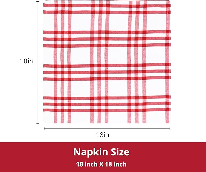 PurpleEssences Homestead Plaid Cloth Napkins - Mitered Corners - Spring Easter Summer - Check Dinner Napkin - Set of 12-100% Cotton - 18x18 Inch - Reusable Washable - Red and White
